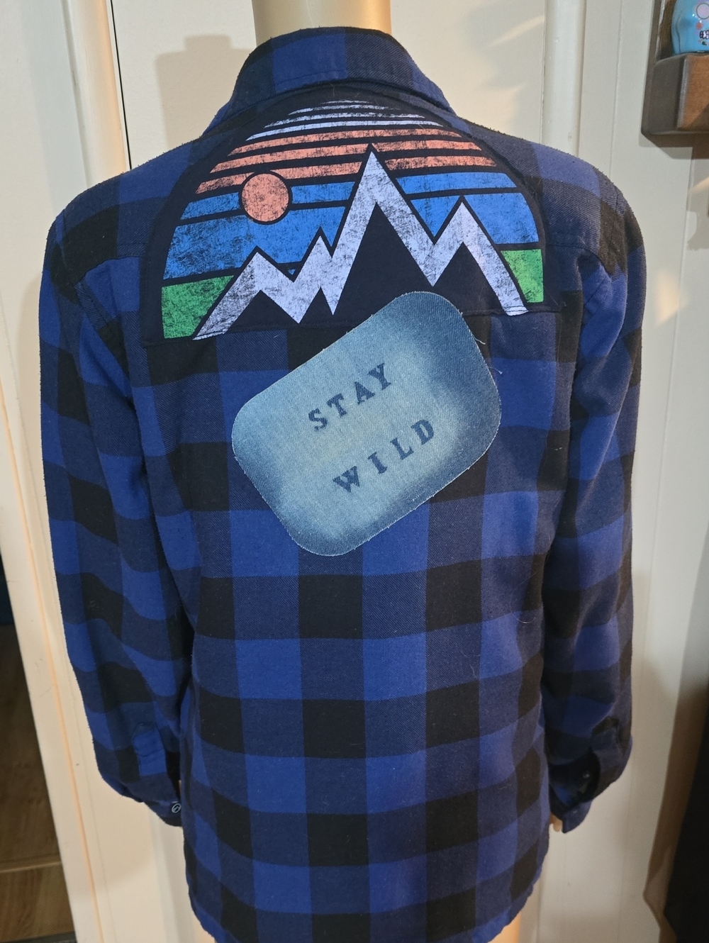 Upcycled Blue Buffalo Plaid 'Stay Wild' Flannel Jacket